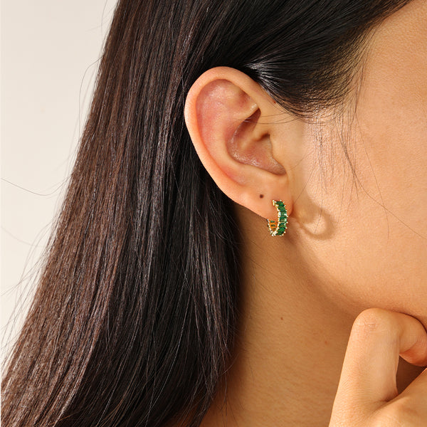 FE2281 925 Sterling Silver Baguette Cubic Zirconia Open Hoop