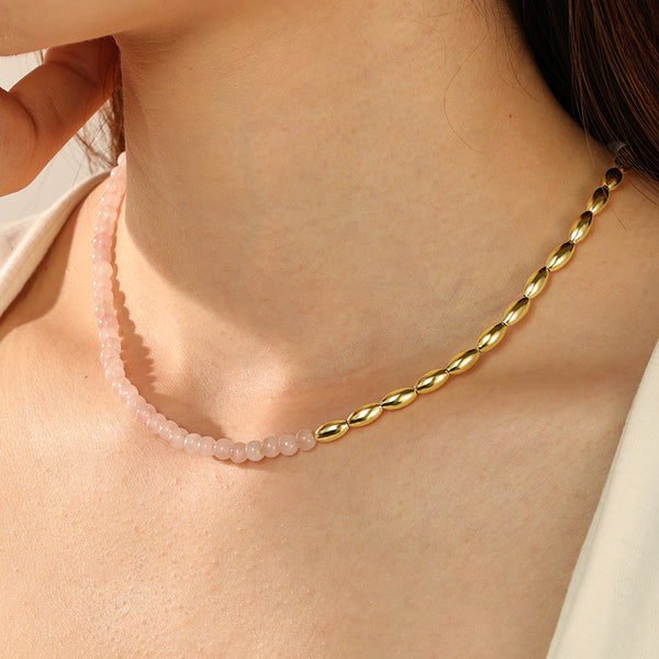 PN0095 925 Sterling Silver Pink Crystal Gold Beaded Necklace