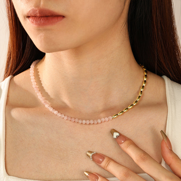 PN0095 925 Sterling Silver Pink Crystal Gold Beaded Necklace