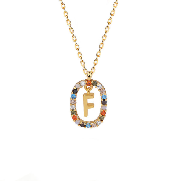 FX0991 925 Sterling Silver Spanish Alphabet Rainbow Zirconia Oval Pendant Necklaces