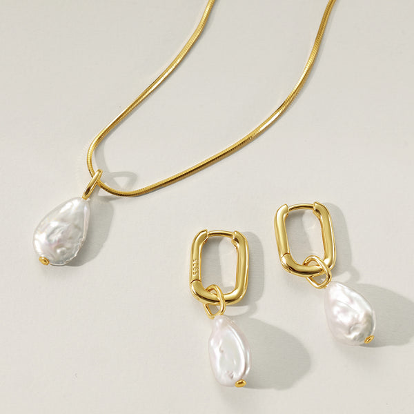 PN0151 925 Sterling Silver Flat Teardrop Baroque Pearl Pendant Necklace