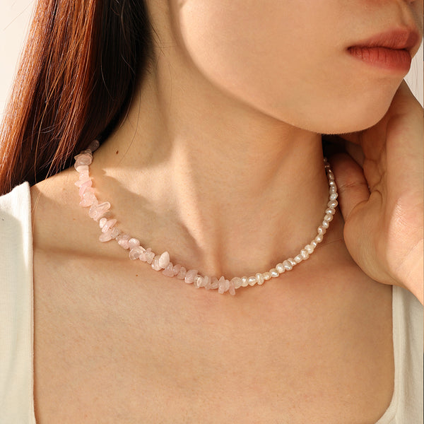 PN0101 925 Sterling Silver Stacked Pink Crystal Freshwater Pearl Necklace