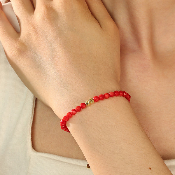 PB0050 925 Sterling Silver Cut Red Coral Gold Beaded Bracelet
