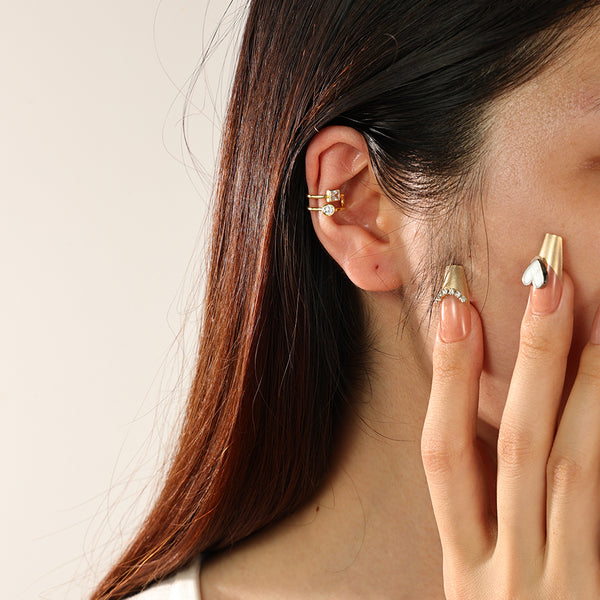 FE2375 925 Sterling Silver Geometric CZ Double Ear Cuff