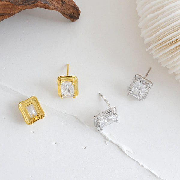 RHE1303 925 Sterling Silver Geometric Square Zircon Stud Earrings