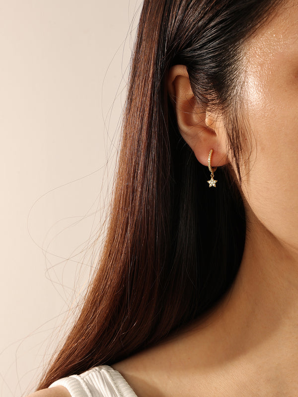 FE2117 925 Sterling Silver Dainty Zirconia Star Dangle Hoop Earrings