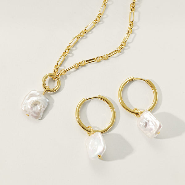 PN0152 925 Sterling Silver Square Baroque Pearl Pendant Necklace