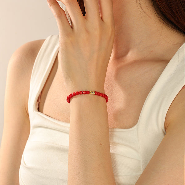 PB0050 925 Sterling Silver Cut Red Coral Gold Beaded Bracelet