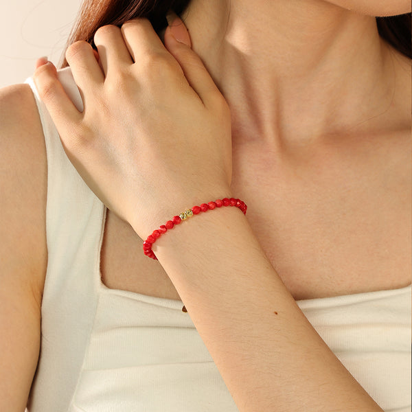PB0050 925 Sterling Silver Cut Red Coral Gold Beaded Bracelet