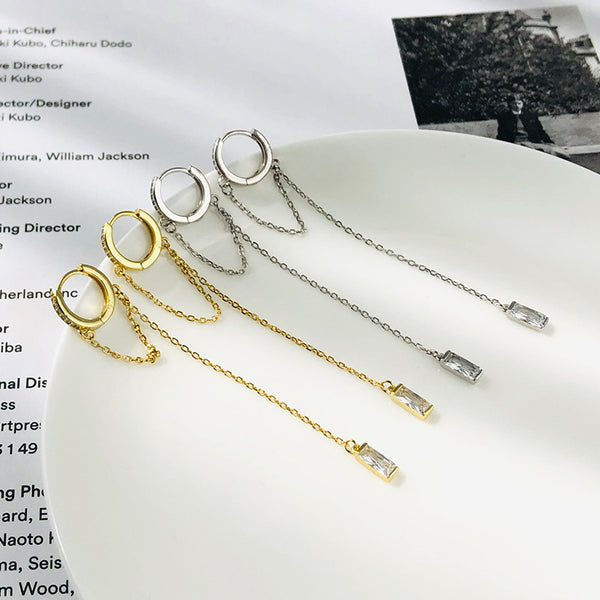 FE2549 925 Sterling Silver Chain CZ Stone Dangle Hoop Earring