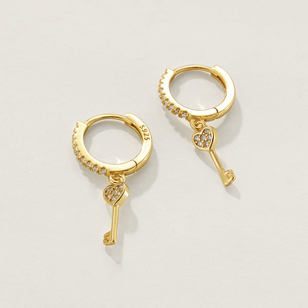 FE2334 925 Sterling Silver Pave CZ Heart Key Dangle Hoop Earrings