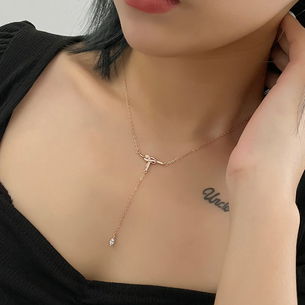 FX1047 925 Sterling Silver Cubic Zirconia Simple Tassel Bow Necklace