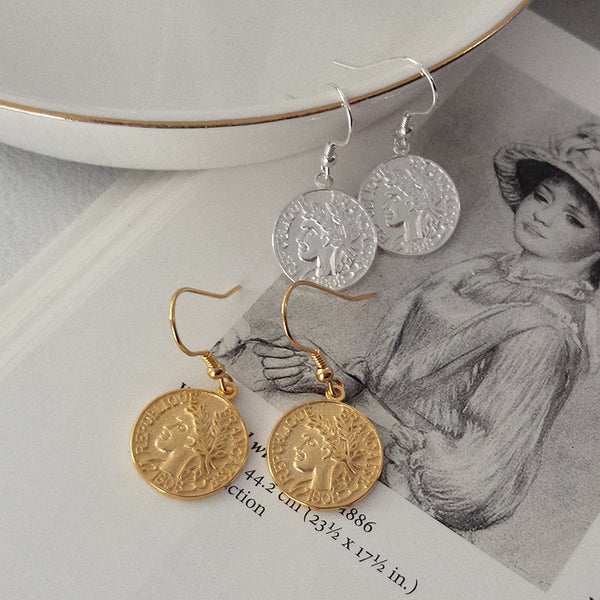 FE2498 925 Sterling Silver Coin Face Dangle Earrings