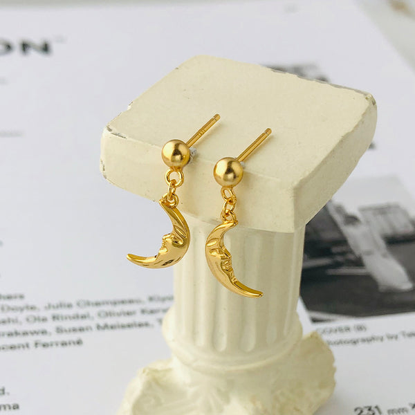 FE2596 925 Sterling Silver Dainty Moon Face Dangle Stud Earring