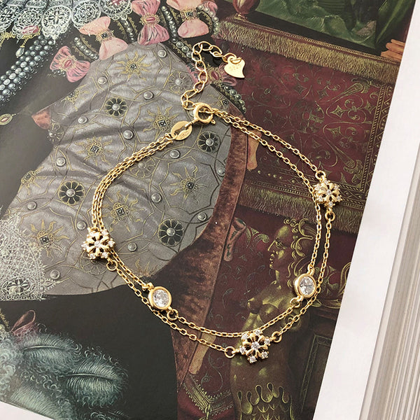 FS0342 925 Sterling Silver Zircon Snowflake Double Layer Bracelet