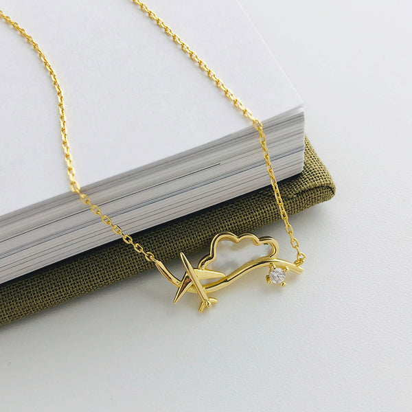 FX1166 925 Sterling Silver Mother of Pearl Cloud Airplane Pendant Necklace