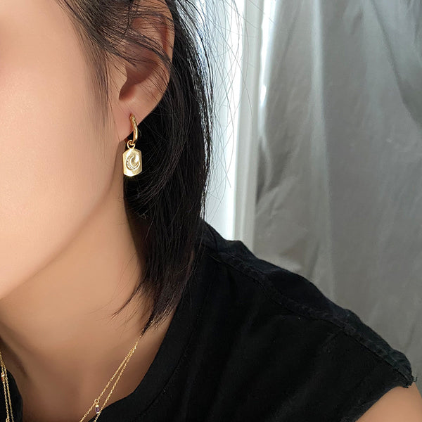 FE2550 925 Sterling Silver Moon Tag CZ Stone Dangle Hoop Earring