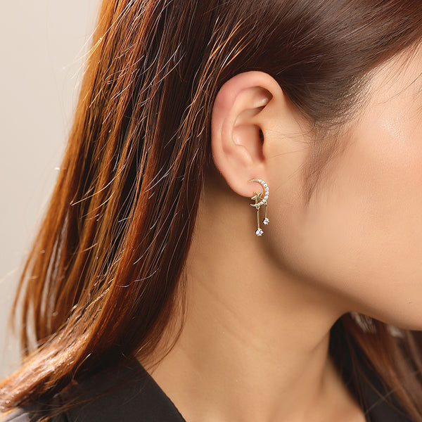 FE2598 925 Sterling Silver Moon Star Zircon Dangle Stud Earring