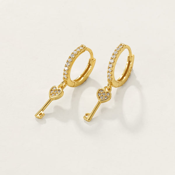 FE2334 925 Sterling Silver Pave CZ Heart Key Dangle Hoop Earrings