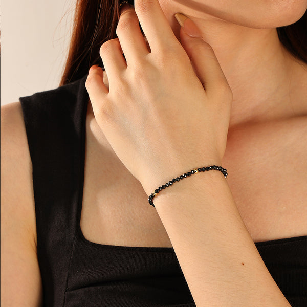 PB0055 925 Sterling Silver Black Crystal Beaded Bracelet