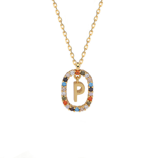 FX0991 925 Sterling Silver Spanish Alphabet Rainbow Zirconia Oval Pendant Necklaces