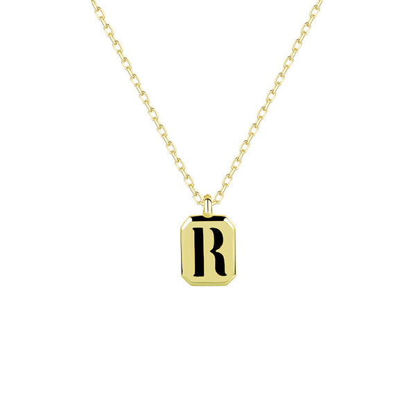 FX0927 925 Sterling Silver 26 Letters Black Onyx Square Pendant Necklaces