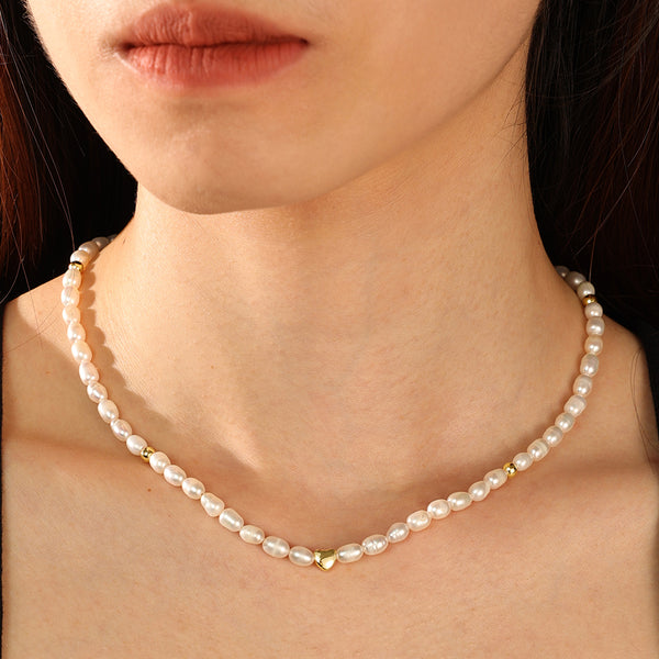 PN0089 925 Sterling Silver Gold Bead Freshwater Pearl Beaded Necklace