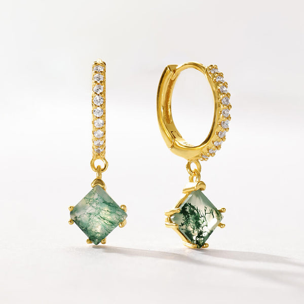 VFE0198 Geometry Princess Cut Square Moss Agate Dangle Hoop Earrings
