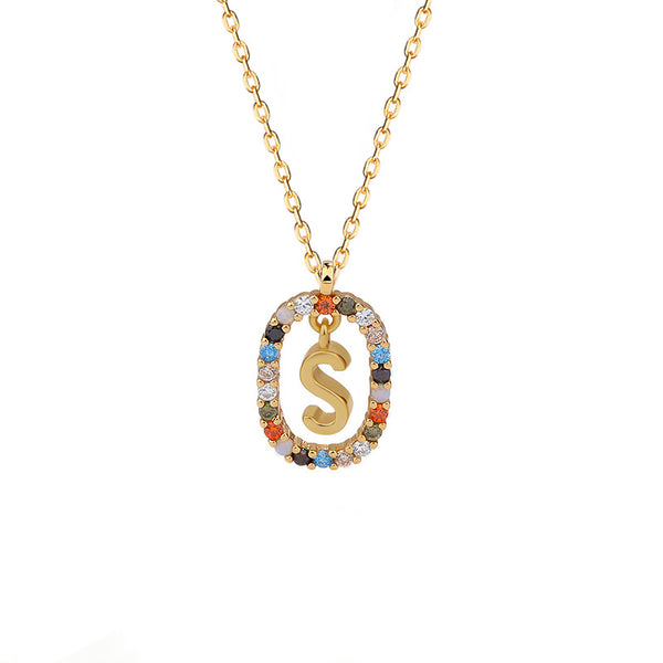 FX0991 925 Sterling Silver Spanish Alphabet Rainbow Zirconia Oval Pendant Necklaces