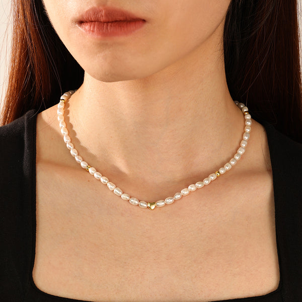 PN0089 925 Sterling Silver Gold Bead Freshwater Pearl Beaded Necklace