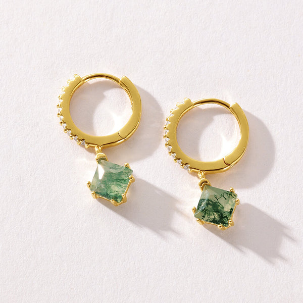 VFE0198 Geometry Princess Cut Square Moss Agate Dangle Hoop Earrings