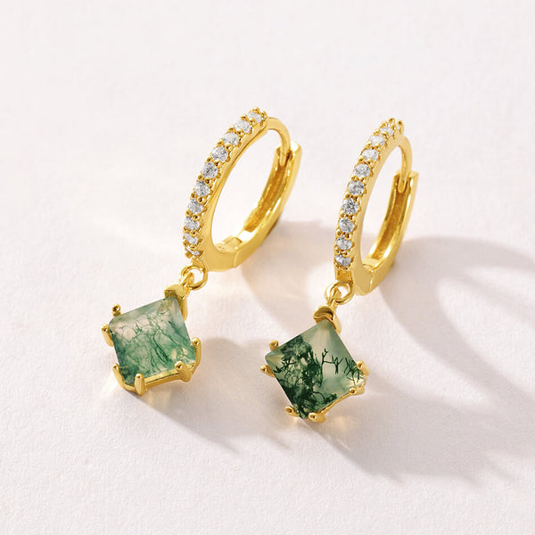 VFE0198 Geometry Princess Cut Square Moss Agate Dangle Hoop Earrings