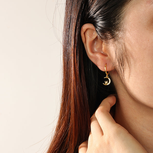 FE2321 925 Sterling Silver Crescent Starburst CZ Dangle Hoop earrings