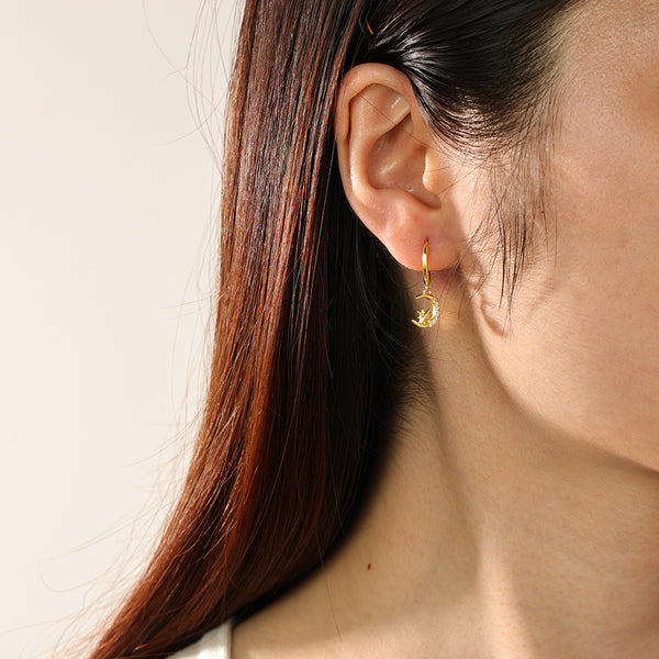 FE2321 925 Sterling Silver Crescent Starburst CZ Dangle Hoop earrings