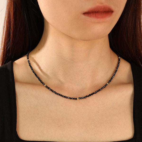 PN0084 925 Sterling Silver Black Crystal Gold Bead Necklace
