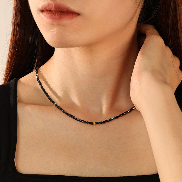 PN0084 925 Sterling Silver Black Crystal Gold Bead Necklace