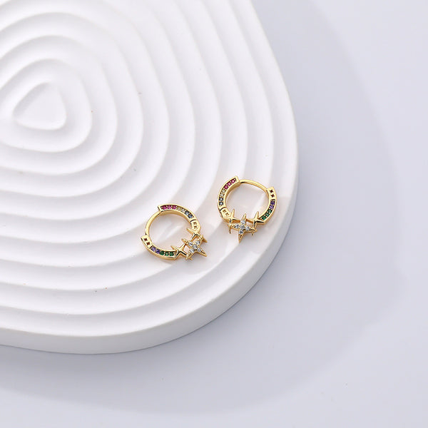 FE2497 925 Sterling Silver Dainty Star CZ Stone Hoop Earrings