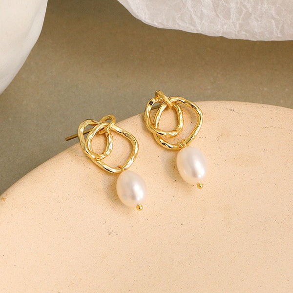 FE2493 925 Sterling Silver Multilayer Circle Pearl Dangle Earrings