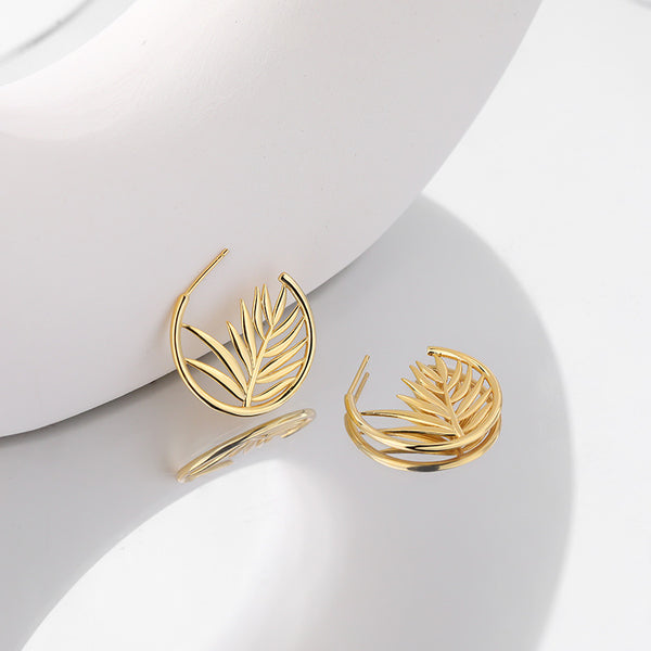 FE2668 925 Sterling Silver Hollow Leaf C Shape Stud Earrings