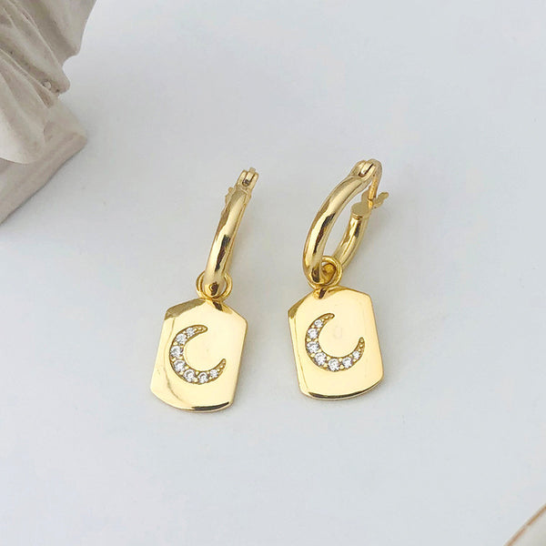 FE2550 925 Sterling Silver Moon Tag CZ Stone Dangle Hoop Earring