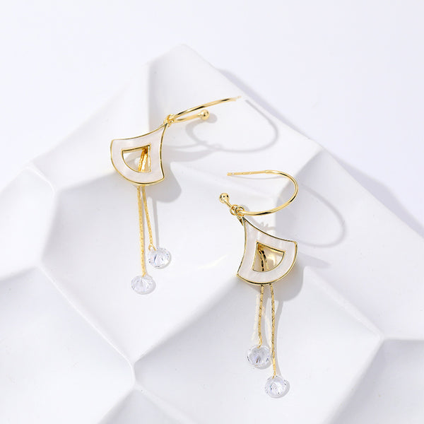 FE2605 925 Sterling Silver Scalloped White Shell Tassel Zircon Dangle Stud Earring