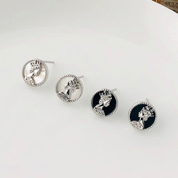 FE2474 925 Sterliang Silver Queen's Portrait Pearl Onyx Stud Earring