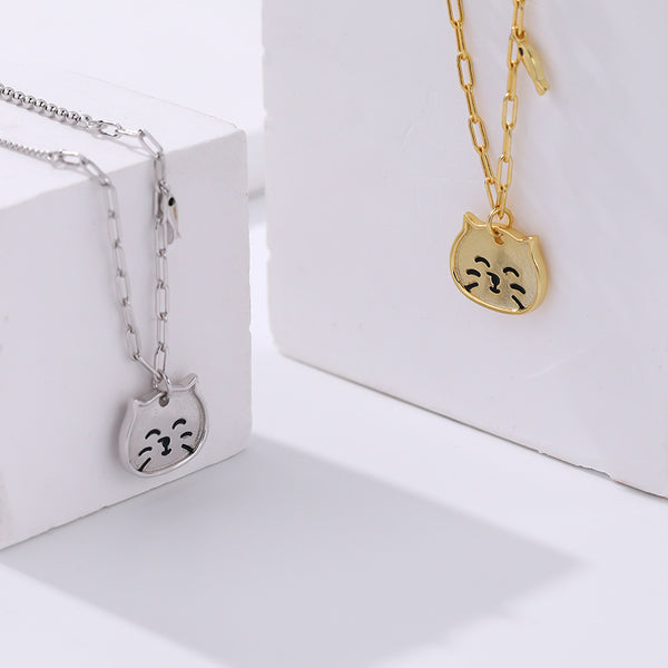 FX1071 925 Sterling Silver Cute Cat Clavicle Necklace