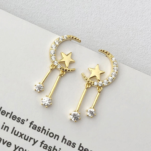 FE2598 925 Sterling Silver Moon Star Zircon Dangle Stud Earring