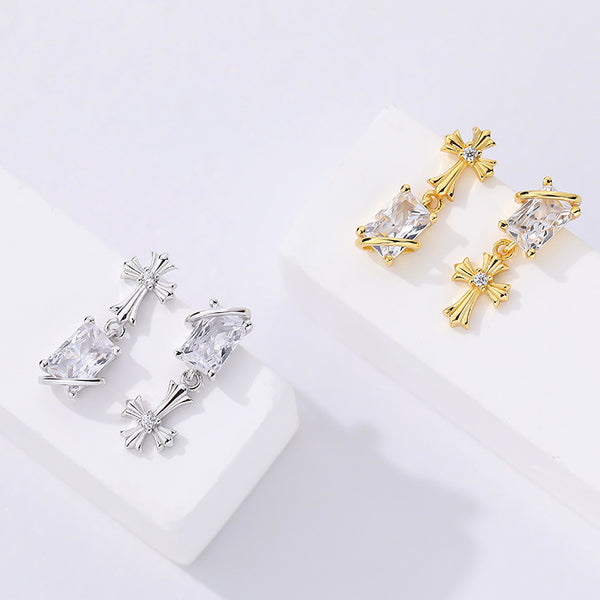 FE2650 925 Sterliang Silver Asymmetric Zircon Cross Dangle Stud Earring