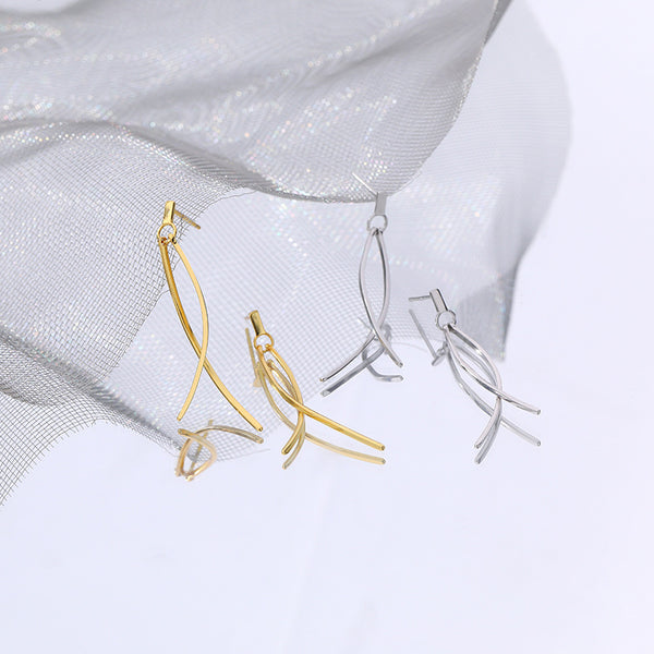 FE2534 925 Sterling Silver Tassel Crossed Wires Dangle Stud Earring