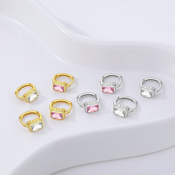 FE3022 925 Sterling Silver Square Pink Zircon Earrings