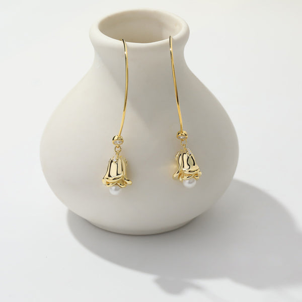 FE2600 925 Sterling Silver Retro Flowers Pearl Dangle Hoop Earring