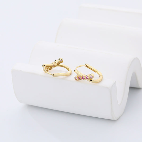FE2532 925 Sterling Silver Dainty Oval Pink CZ Stone Hoop Earring