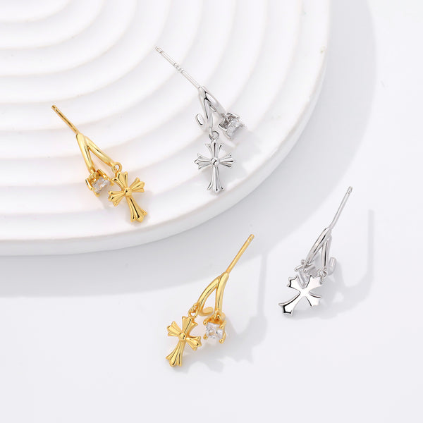 FE2659 925 Sterling Silver Cross Zirconia Stud Earrings
